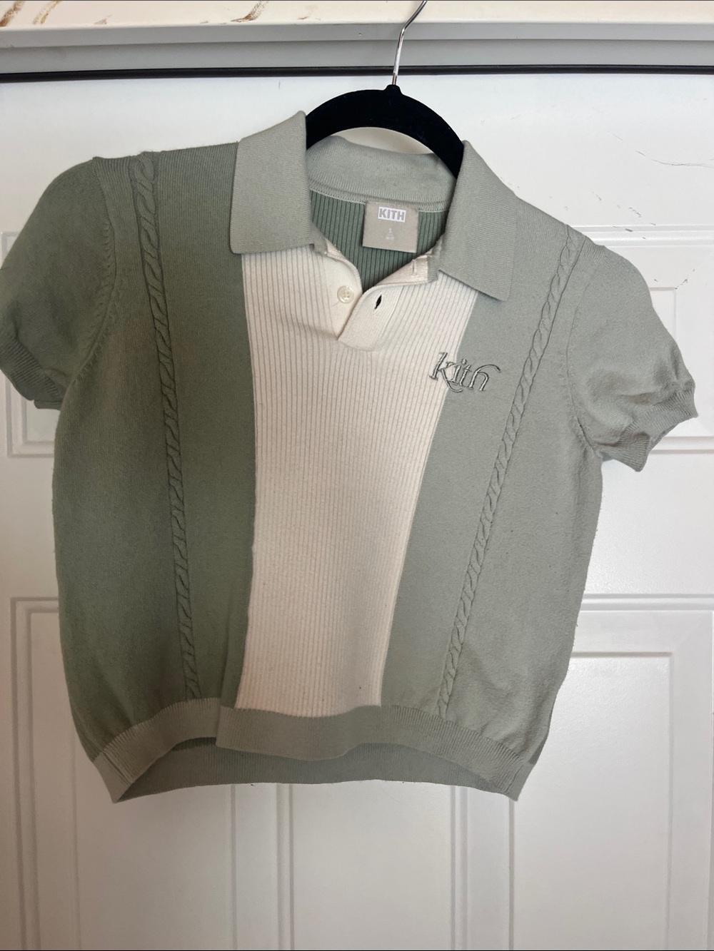 Kith Kids Short-Sleeve Polo in Sage Green and Cream Panel